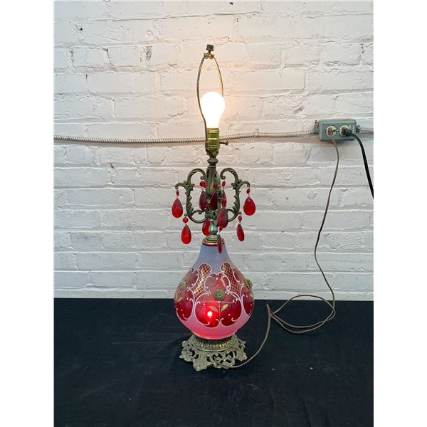 Vintage Hollywood Regency Style Vintage MCM Lamp with Red Crystals, Red and Brass *works