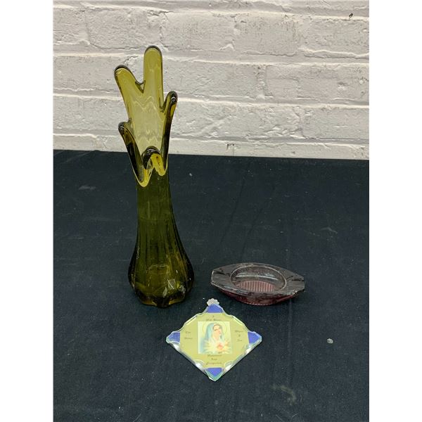 Green Swing Glass Art Glass Vase, Ash Tray and Religious Decor