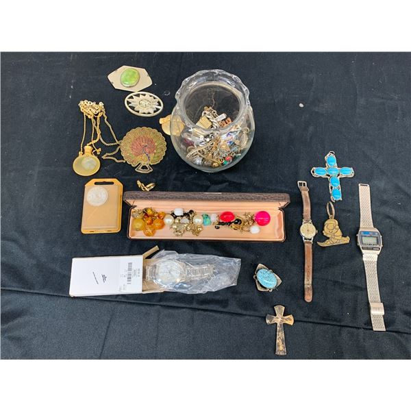 Jar of Assorted Vintage Costume Jewellery Brooches, Watches, Pendants, etc