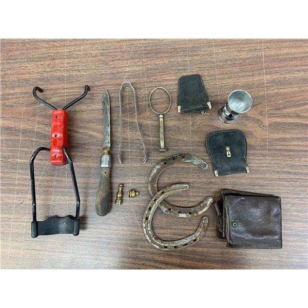Junk Drawer Horseshoes, Knife, Tongs, Misc Leather Pouches, etc
