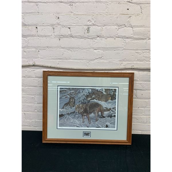 "Winter Shadows" Artist Signed and Numbered Print, Framed Wolves 27" x 21"