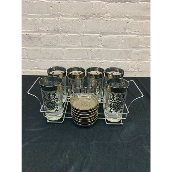 Lot of 6 MCM Vintage Glasses with Silver Rims & Detailing "Kimiko" and Silver Coasters, Carry Tray