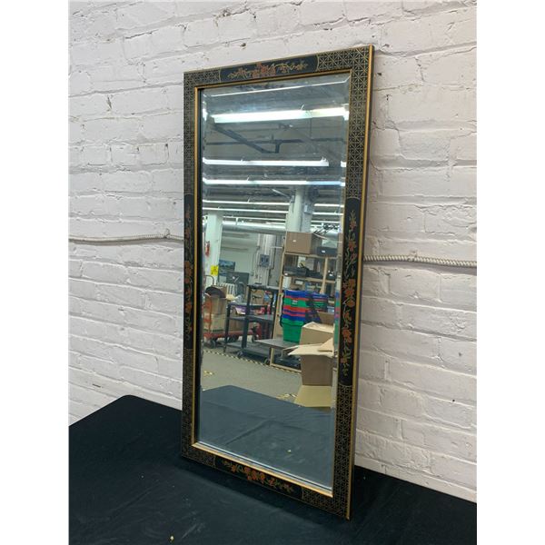 Vintage Pulaski Wall Mirror, Asian Style Black Painted with Red & Gold Accents, Beveled Edge