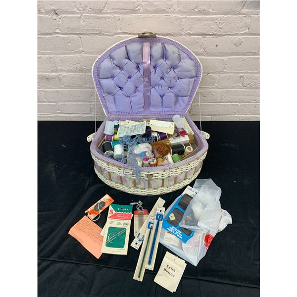 Sewing Basket FULL of Assorted Sewing Items, Thread, Needles, Buttons, etc