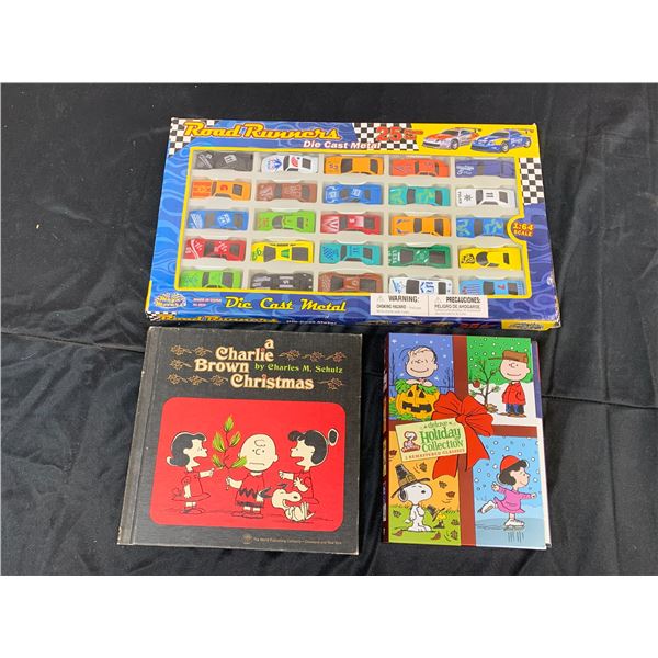 3pcs Charlie Brown Books, DVD Box Set and Road Runners Die Cast Toy Cars