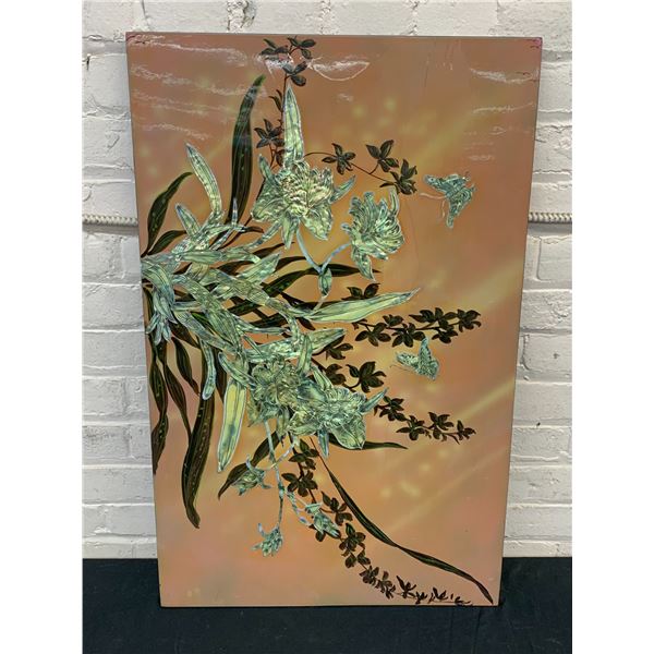 Lacquered Hand Painted Wall Art, Floral Design, Mother of Pearl?