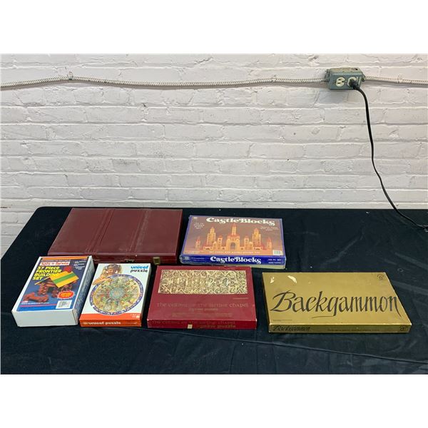 Lot of 6 Tabletop Board Games Backgammon, Castle Blocks, Puzzle, Building Set