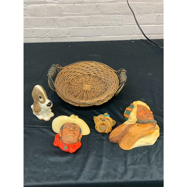 3pcs of Bosson Chalkware Wall Art *chips* and Sad Dog Porcelain Figurine, Basket Tray