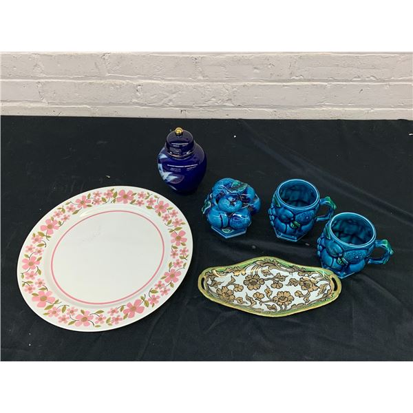 6pc Blue Fruit Mugs & Sugar Bowl Japan, Blue Urn Japan, Green Handpainted Dish and Round Platter