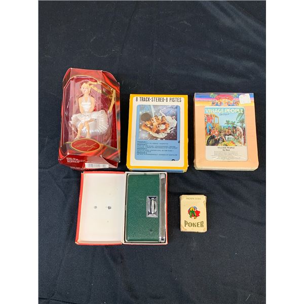 Marilyn Monroe Ornament, 2 8-Tracks, Vintage Binoculars, Miniature Playing Cards