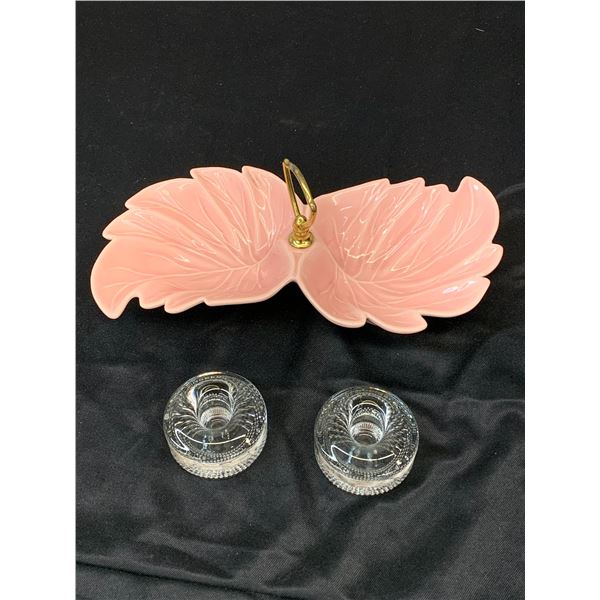 MCM Vintage USA Pottery Pink Leaf Handled Candy Dish and Glass Candle Holders