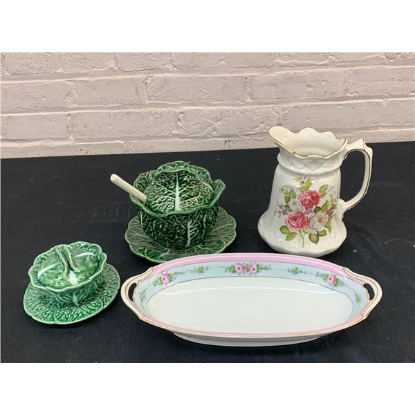 Bordalo Vintage Cabbage Leaf Pottery Portugal , Oval Bowl Japan, Old Foley Harmony Rose Pitcher