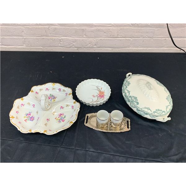 Lot of 4 Fine China Divided Serving Dish, Quiche Pan, Espresso Cups in Silver, Casserole Dish w Lid