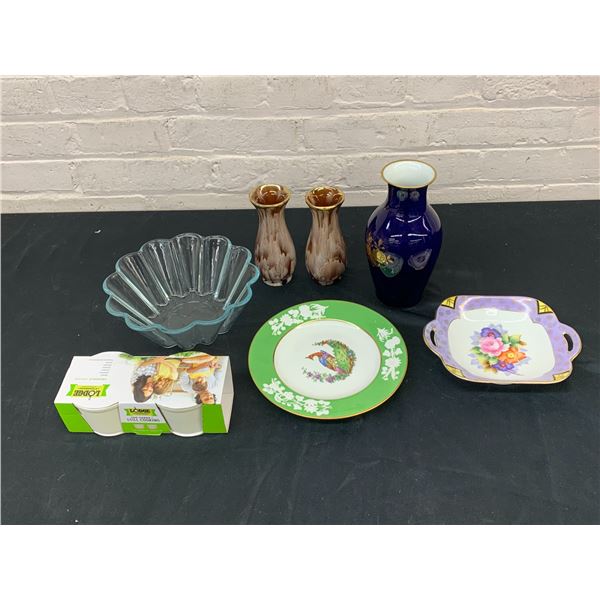 Cobalt and Gold West Germany Vase, 2 Small German Vases, Glass Gelatin Mold, Noritake, Spode Plate