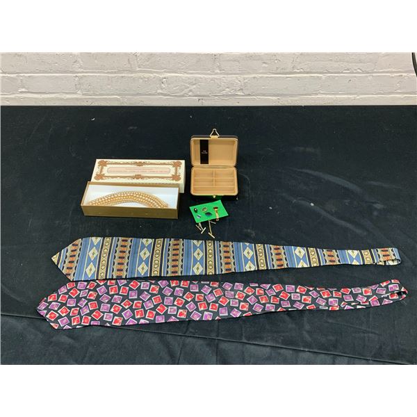 2 Silk Ties, Tie Clip Case & Extra Tie Clips,  & Faux Pearl Ladies Collar Necklace