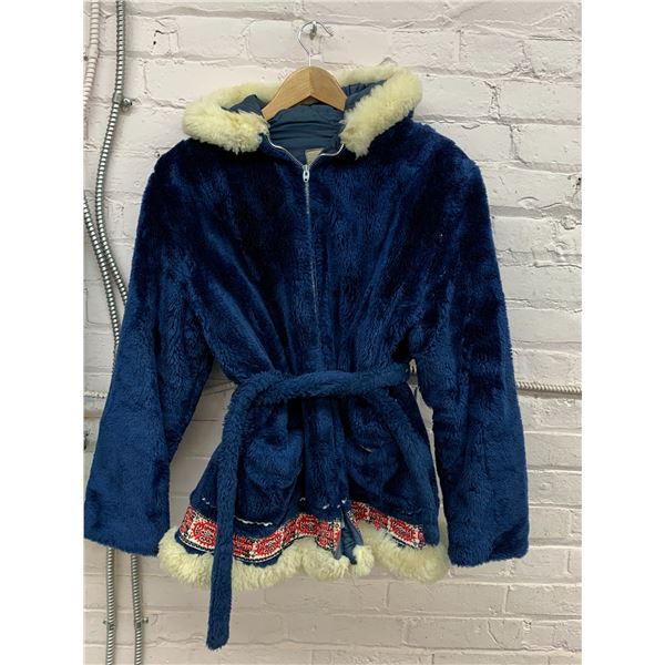 Vintage Blue Fur Hudson Bay Company Zip Up Jacket with Waist Tie