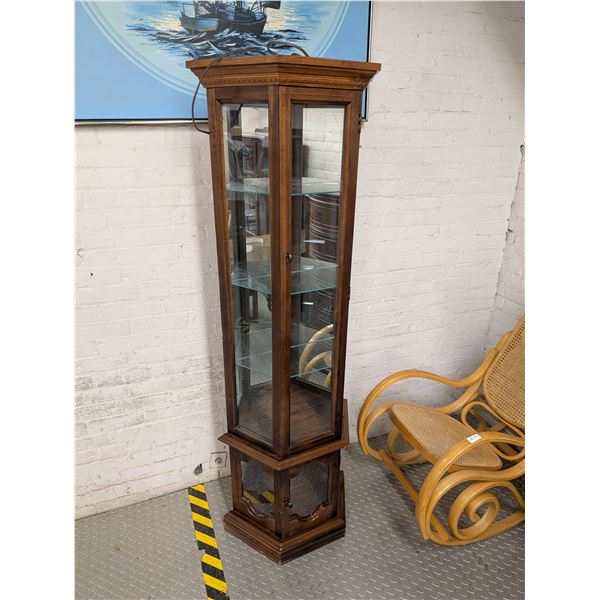 Pulaski Furniture vintage hexagonal wood curio cabinet with a mirrored back and interior lighting