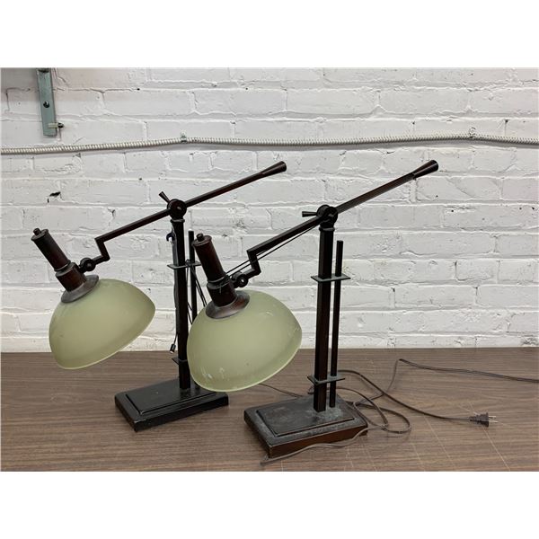 Pair of Modern Frosted Shade, Dark Brass Tone Reading / Desk Lamps
