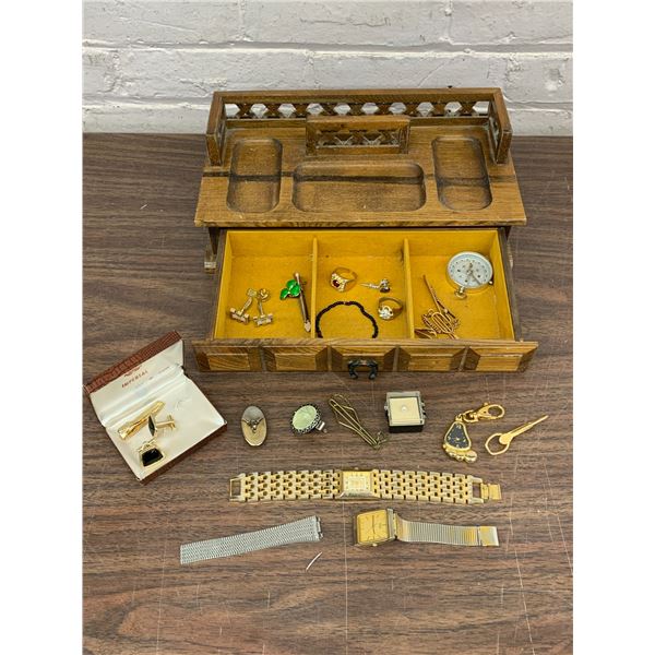 Jewellery Box / Writing Desk Tray with Assorted Jewellery Rings, Tie Clips, Cufflinks, etc