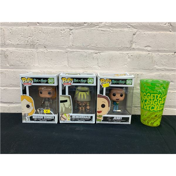 Lot of 3 Rick and Morty Funko Pop Figures and Glass