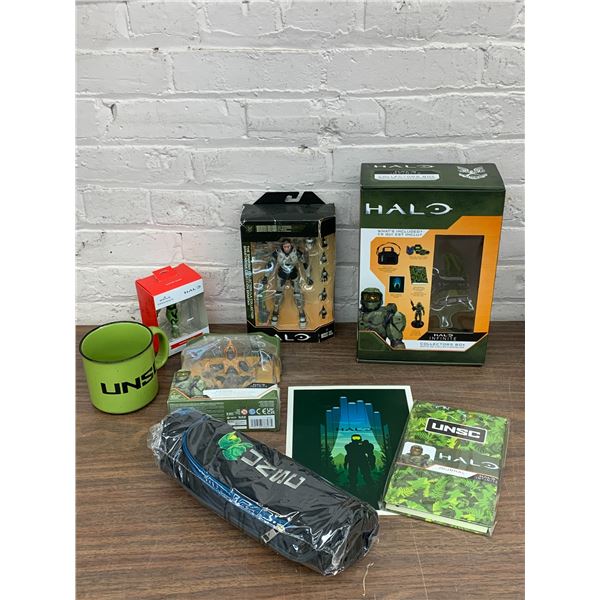 Lot of Halo Related Collectibles Action Figures, Collector's Box (incomplete), Mug, etc