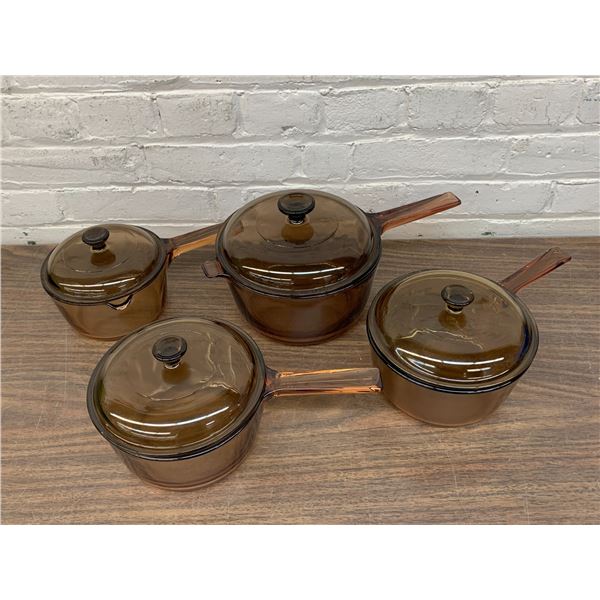 Lot of 4 Smokey Glass Vision Corning Ware France Pots with Lids