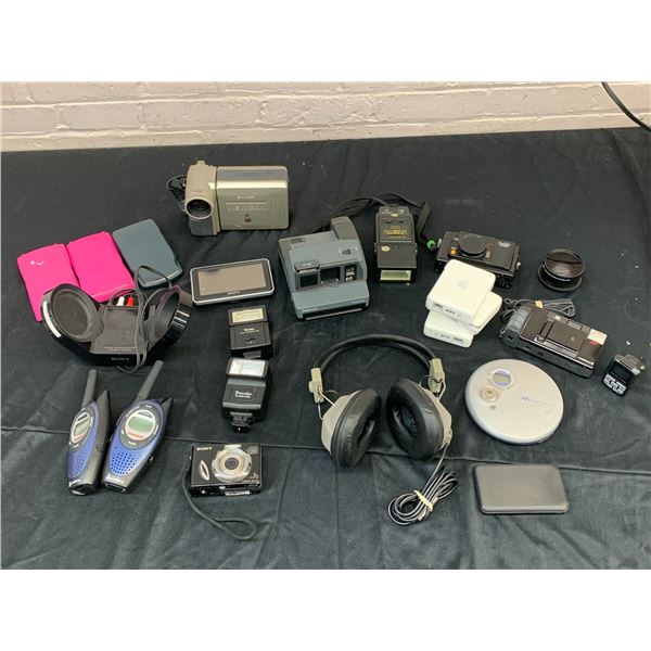 Lot of Assorted Vintage Electronics Cameras Film & Digital, Headphones, GPS, Walkmak, Camcorder, etc