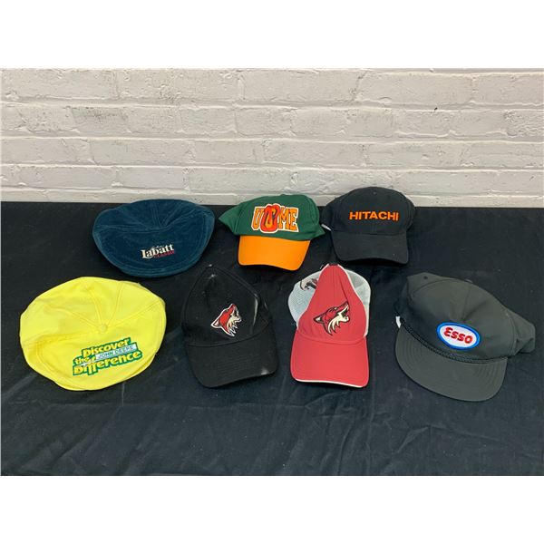 Lot of 7 Baseball Caps and Hats Promotional / Advertising Esso, Hitachi, Labatt, Sports, etc