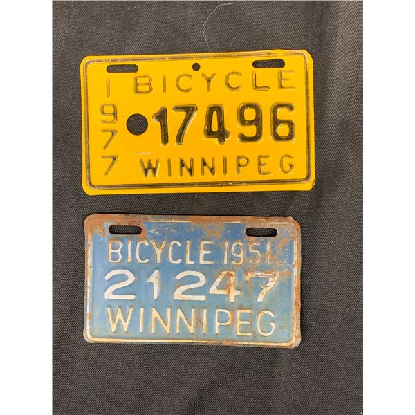 Lot of 2 Vintage Winnipeg Bicycle License Plates 1977, 1951