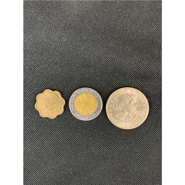 3 Foreign Coins USA 1979, Philippines 5 Sentimos, Mexico $1  2000