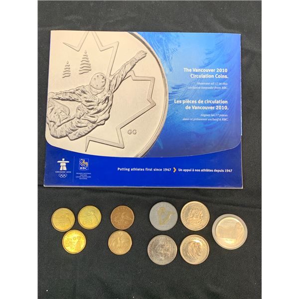 Lot of Vancouver 2010 Holder (14/17 coins inside), 2 Lucky Loonie, x3 100 Grey Cup $1 Coins, 5 Token