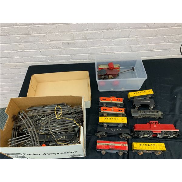 O Scale Pressed Steel Train Cars and Box of Track