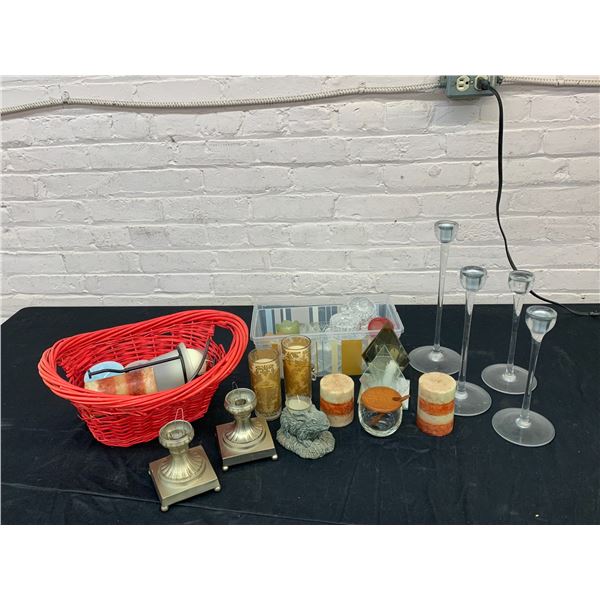 Lot of Assorted Candles and Candle Holders