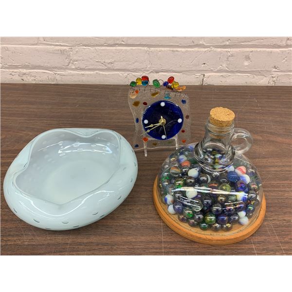 Lot of 3pcs Art Glass, Marbles, Blown Glass Bowl