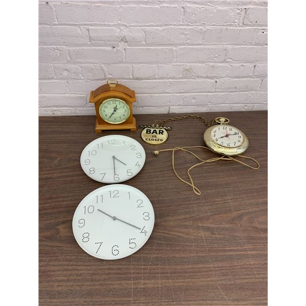Lot of 4 Clocks Mantle Clock, "Bar Is Closed" Chain Clock, Punched-Out Style Clocks