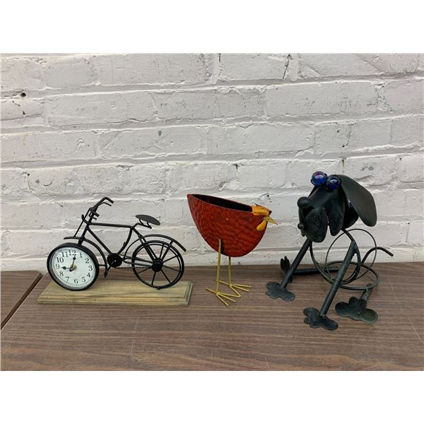 Lot of 3 Metal Art Dog, Chicken and Bicycle Figurines