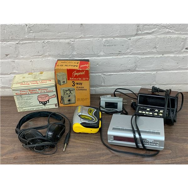 Vintage Alarm Clocks, Walkman, Headphones, Gravy Warmer
