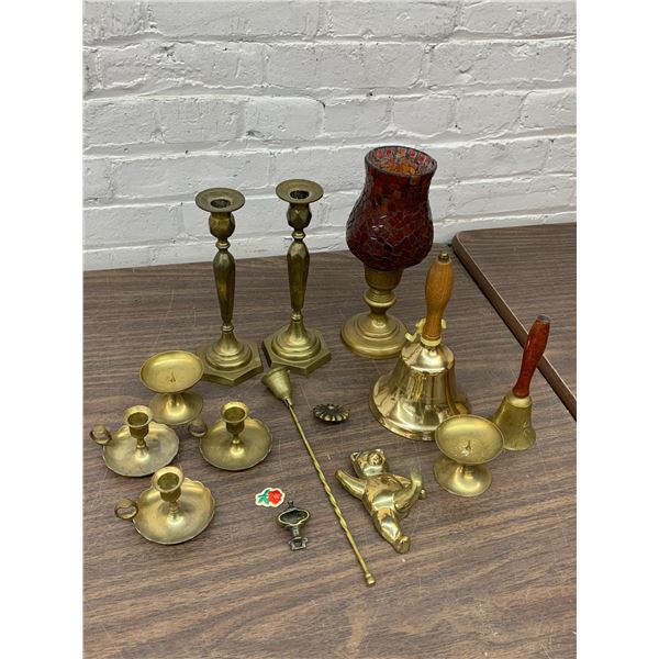 Lot of Brass Candlesticks, Vase, Bells, etc