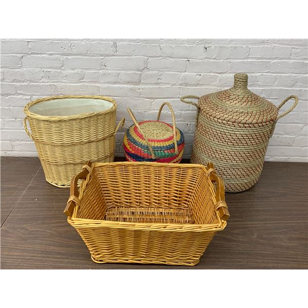 Lot of 4 Woven Baskets Various Styles, Snake Charmer, Laundry, etc