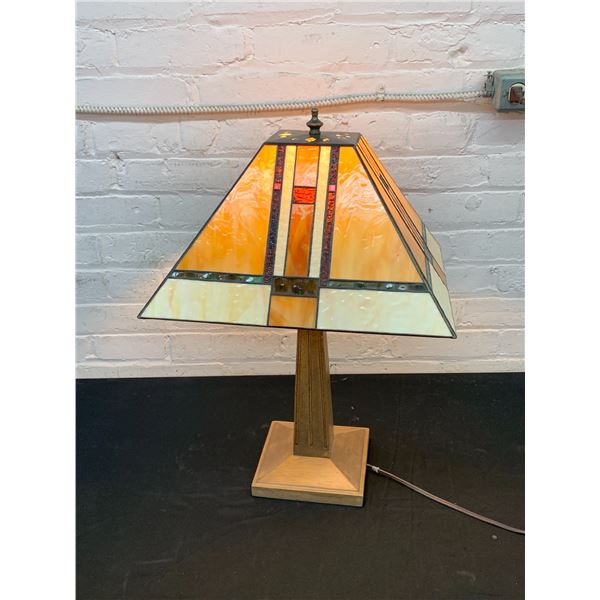 Vintage Stained Glass & Wood Table Lamp *works* 2ft Geometric Shade