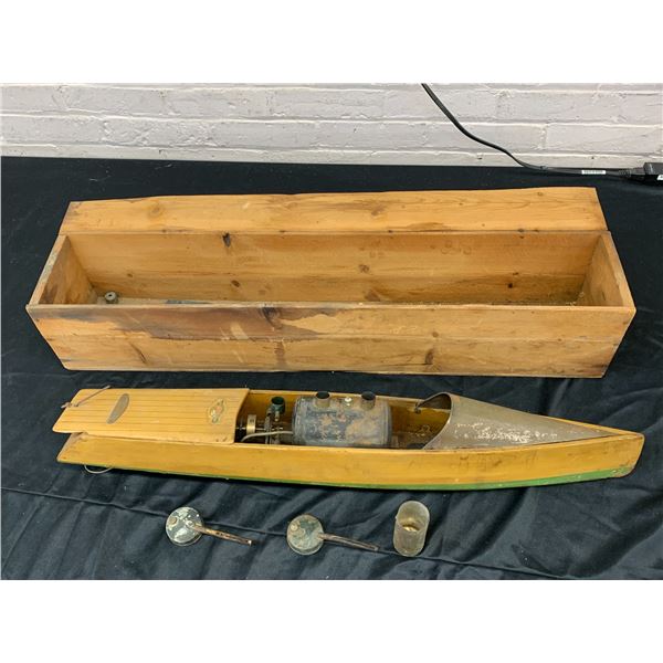 1933 Peggy Live Steam Boat Toy, British Made by Bowman 31" with Box and Accessories
