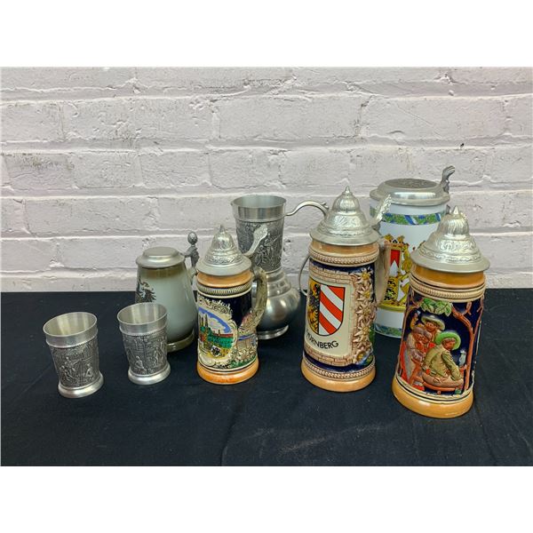 Lot of 8 Vintage Beer Steins, Metal Cups, Pitcher, etc