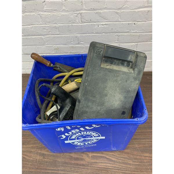 Bin of Assorted Tool, Taping, Heavy Duty Electrical Cords, etc