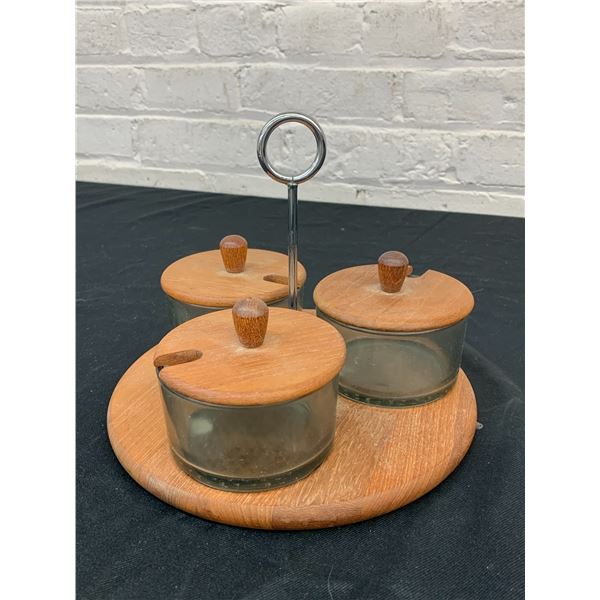 Vintage Teak Jam Jar / Condiment Trio