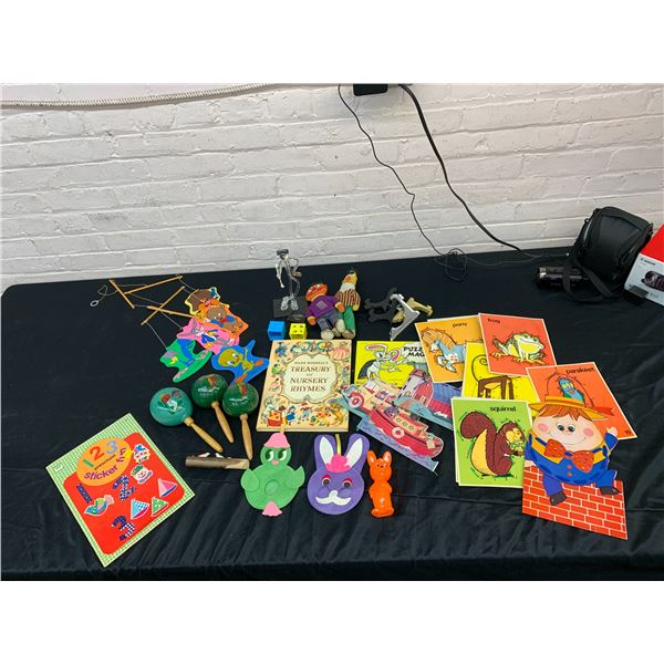 Lot of Assorted Vintage Childrens Activities, Book, Sesame Street, Looney Tunes Mobile, Maracas, etc