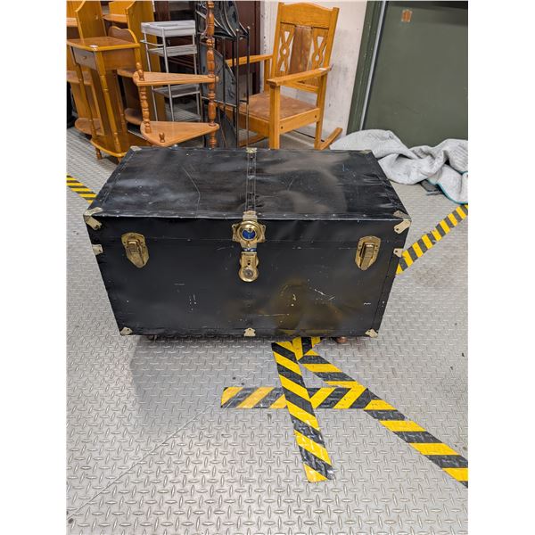 Vintage Metal Steamer Trunk Painted Black w/ Wheels