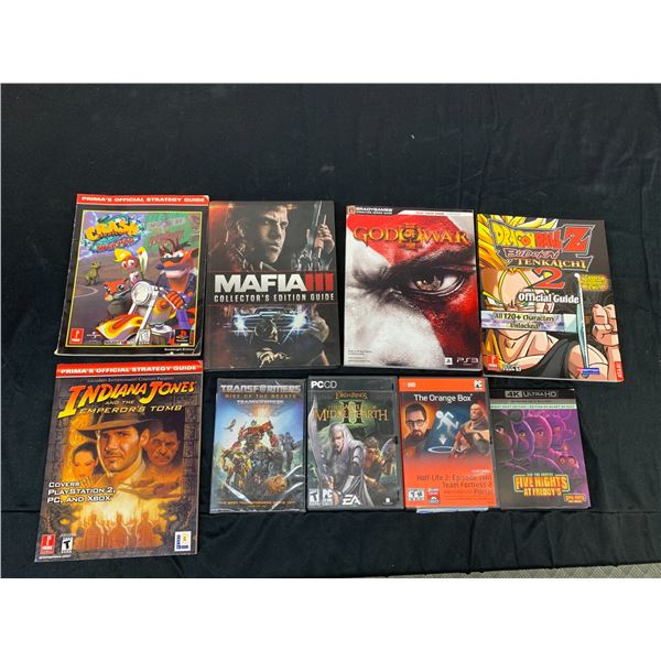 Lot of 5 Video Game Strategy Guides, 2 PC Games and 2 Movies FNAF, Transformers