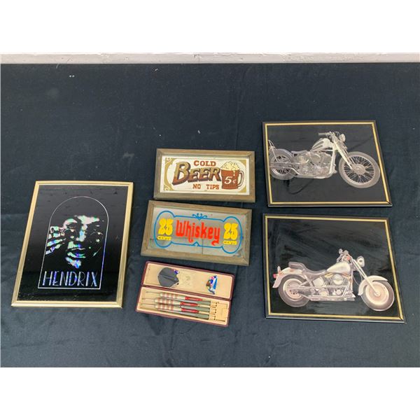 Lot of Man Cave Wall Art & Mirror Signs, Darts Set