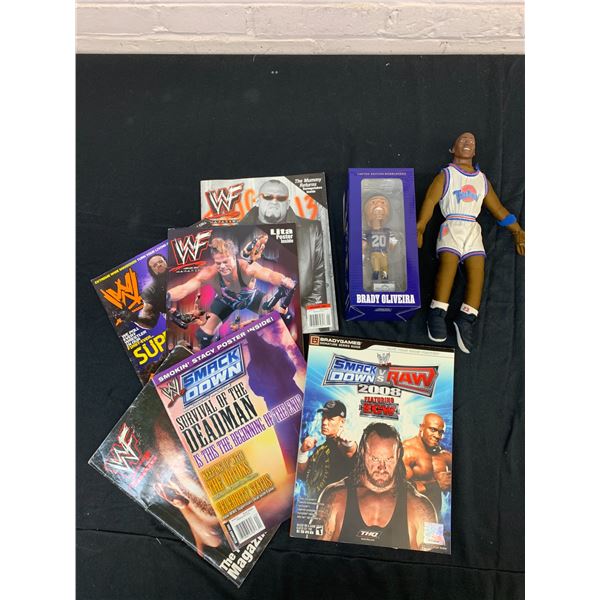 Sports Lot WWF Magazines, Plush Tunes Squad #23 and Blue Bombers Bobble Head