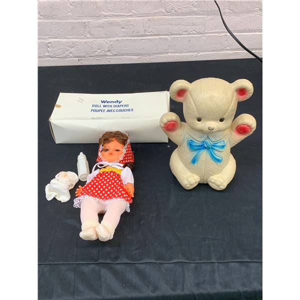 Lot of 2 Regal Toys Wendy Doll with Diapers and Teddy Bear Piggy Bank